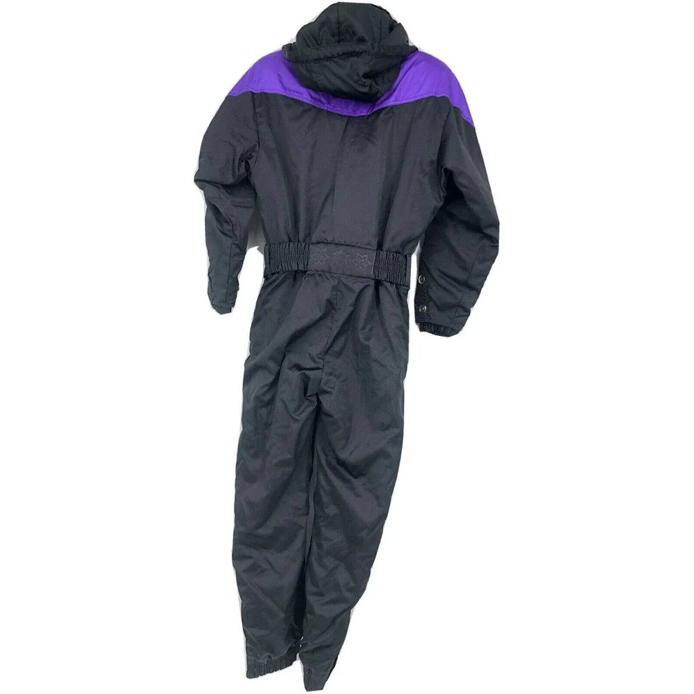 Vintage 80s Prima Womens Size M One Piece Snow Ski Suit Black Purple Hooded - Picture 8 of 12
